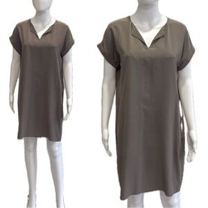 Cynthia Rowley 100% Silk Shift Dress Size 6 Taupe Split Neck Cuffed Short Sleeve